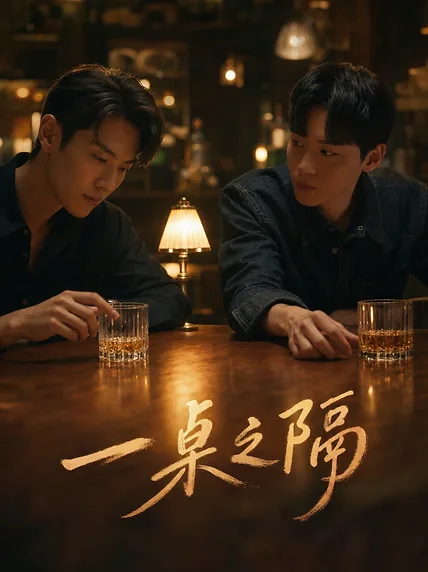 两人在昏暗餐厅里对坐，桌面刻着一桌之隔的剧情海报