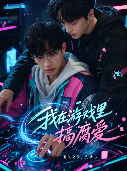充满霓虹灯的电脑屏幕前，两人一起打游戏，海报写着《我在游戏里搞腐爱》