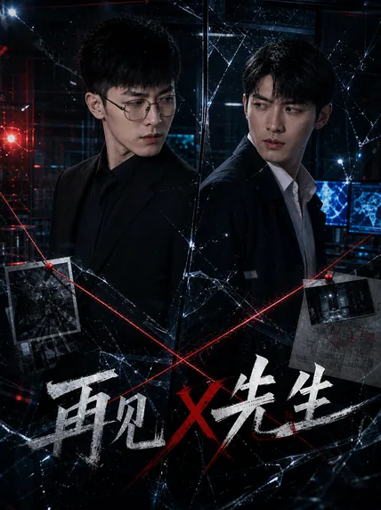 玻璃碎痕前两人并肩站立，海报写着《再见X先生》